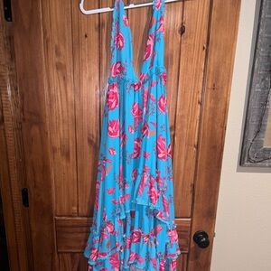 Turquoise Floral Maxi Dress with Pink Blooms